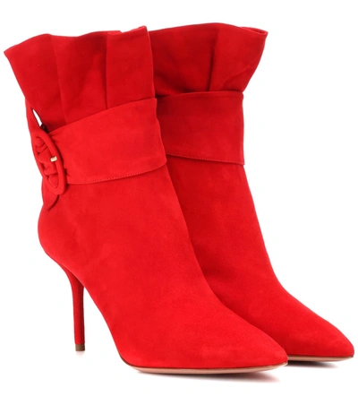 Aquazzura 85mm Palace Ruffled Suede Ankle Boots In Red
