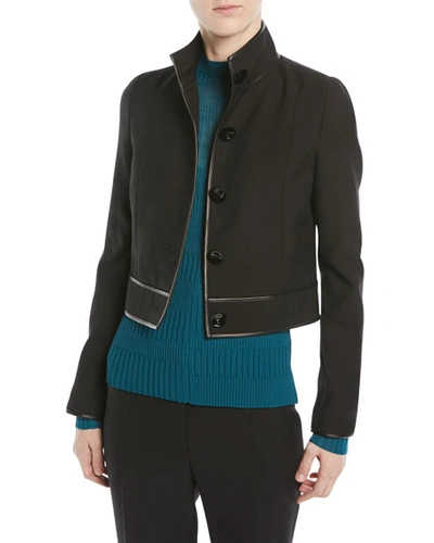Narciso Rodriguez Virgin Wool Button-front Cropped Jacket W/ Lambskin Trim In Black