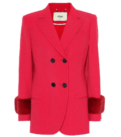 Fendi Double-breasted Stretch Wool-drill Jacket With Mink Cuffs, Red In Pink