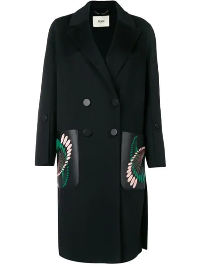 Fendi Double-breasted Wool Coat With Leather Embroidered Pockets In Black