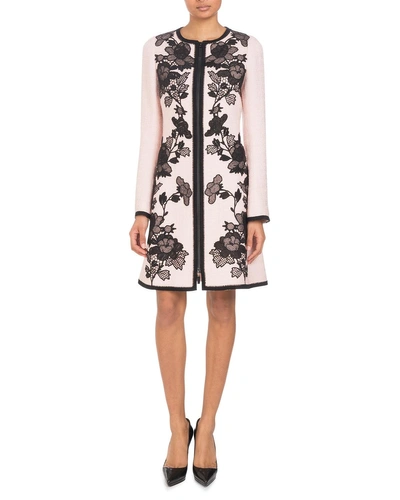 Andrew Gn Zip-front Long-sleeve A-line Floral-embroidered Coat In Medium Blue