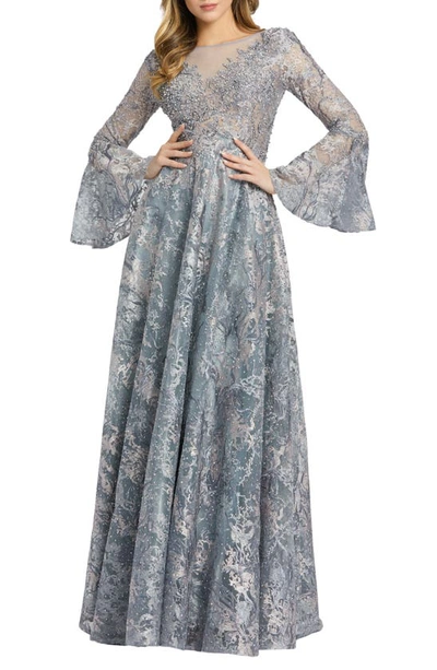 Mac Duggal Embellished Illusion Bell Sleeve A Line Gown In Grey Multi