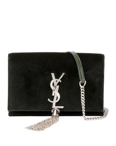 Saint Laurent Kate Velvet Crystal-monogram Ysl Tassel Wallet On Chain