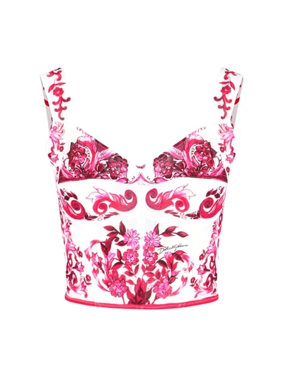 Dolce & Gabbana White Majolica Print Corset Top In Tris Maioliche Fuxia