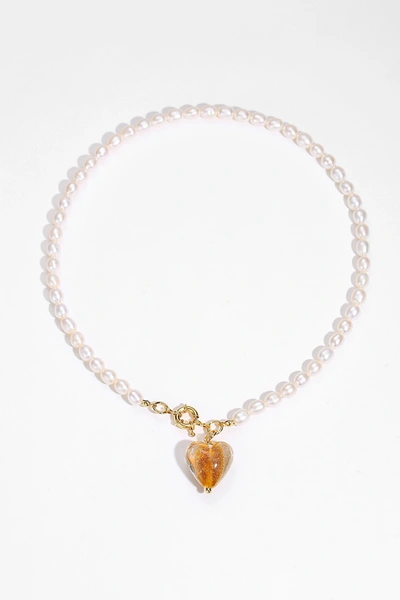Classicharms Esmée Amber Glaze Heart Pendant Pearl Necklace In Brown