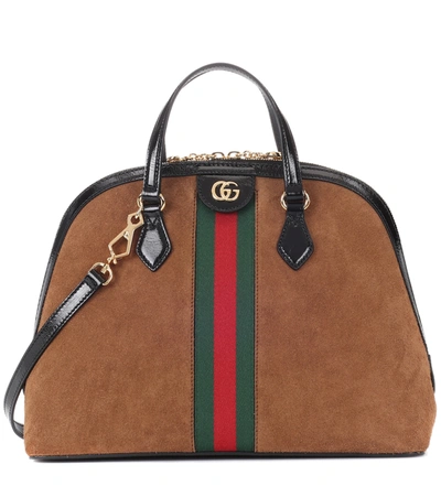 Gucci Ophidia Medium Web Suede Top-handle Bag In Brown