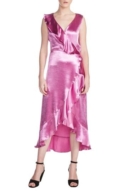 Maje Ripple Ruffle Detail Satin Wrap Dress In Fuschia