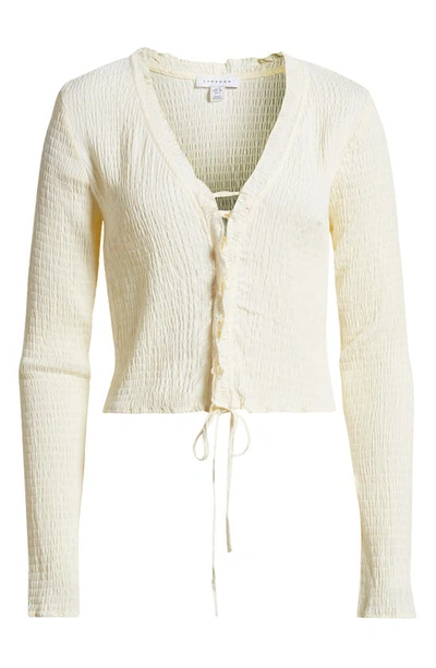Topshop Long Sleeve Lace-up Textured Top In Stone-neutral