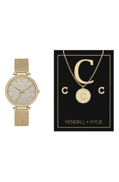 I Touch Crystal Mesh Strap Watch & Necklace Gift Set, 38mm In Gold Tone