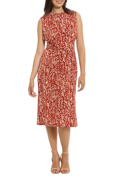 London Times Sleeveless Ruched Belted Midi Dress In Rust/ Ivory