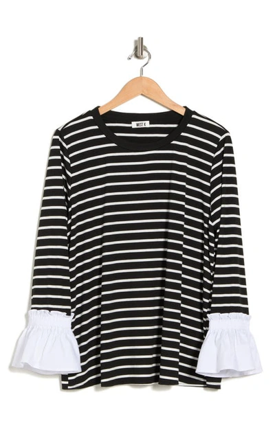 West Kei Stripe Ruffle Cuff Long Sleeve T-shirt In Black/ White