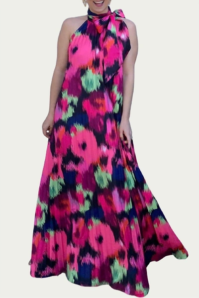 Abbey Glass Poppy Pleated Satin Maxi Dress In Ikat Roses In Multi