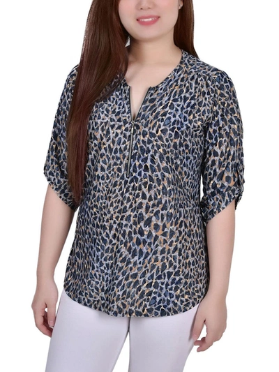Ny Collection Womens Animal Print Stretch Button-down Top In Multi