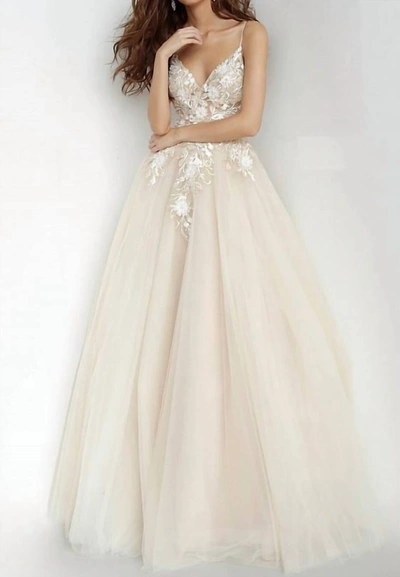 Jovani Plunging Neckline Flower Appliques Prom Gown In Champagne In White