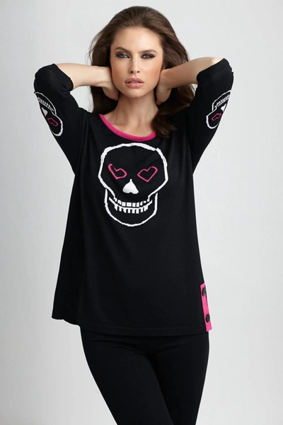 Angel Heart & Skull Graphic Sweater In Black/fuchsia In Multi