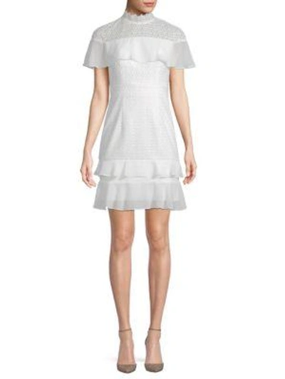 Monique Lhuillier Ruffle Shoulder Cocktail Dress In White