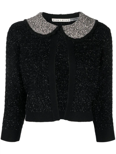 Alice And Olivia Akira Textured With Embellished Crystals Top Cardigan In Black Metallic
