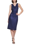 Kensie Shimmer Cowl Neck Sheath Dress In Navy