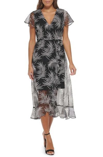 Kensie Palm Embroidered Flutter Sleeve Mesh Midi Dress In Black/ White