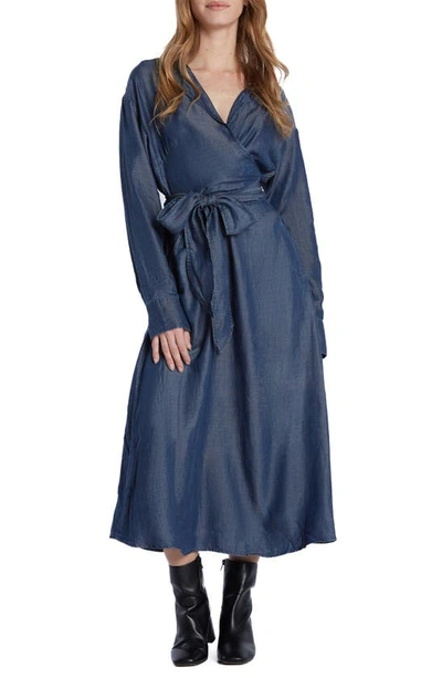 Wash Lab Denim Tie Waist Long Sleeve Denim Maxi Dress In Lucy Blue