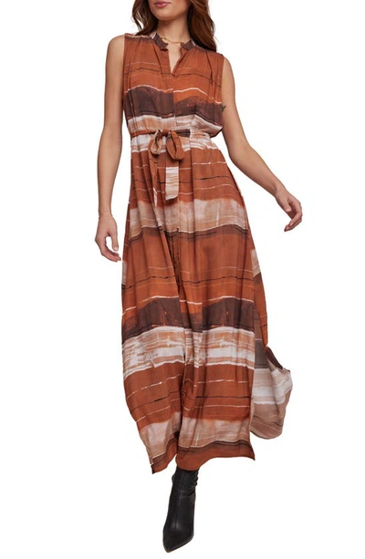 Bella Dahl Pleat Tie Belt Dress In Rust Stripes Print