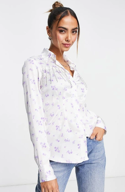 Asos Design Rhinestone Floral Western Satin Button-up Shirt In Multi