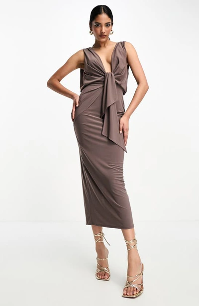 Asos Design Sleeveless Front Tie Jersey Dress In Brown