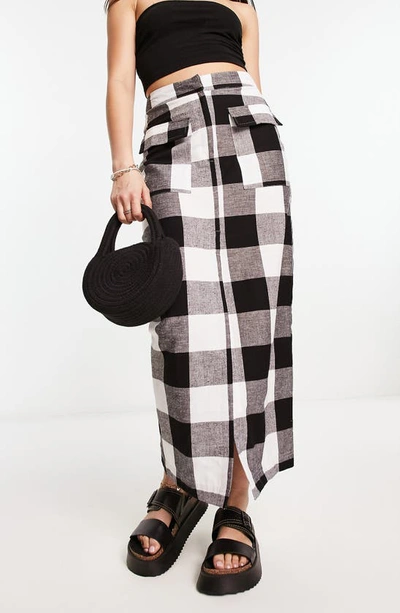 Asos Design Buffalo Check Cotton & Hemp Slit Front Skirt In Black