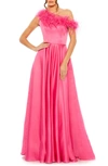 Mac Duggal Feather Trim One-shoulder Gown In Hot Pink