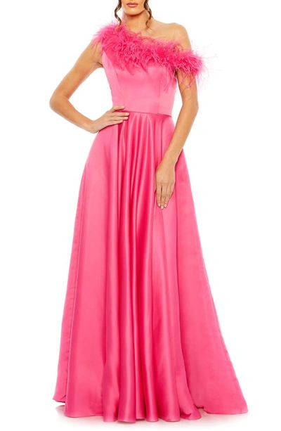 Mac Duggal Feather Trim One-shoulder Gown In Hot Pink