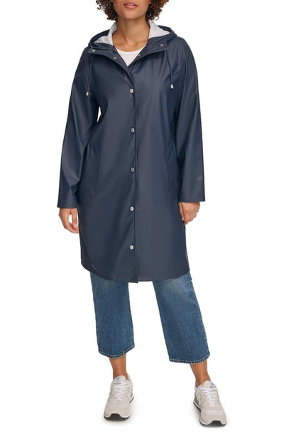 Levi's Water Resistant Hooded Long Rain Jacket In Navy