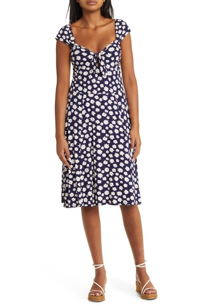 Loveappella Floral Tie Front Cap Sleeve A-line Dress In Navy