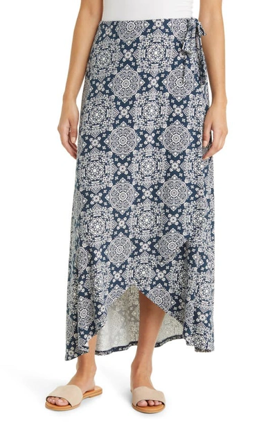 Loveappella Print Faux Wrap Skirt In Navy/ Ivory
