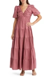 Charles Henry Ruched Tiered Dress In Dark Mauve