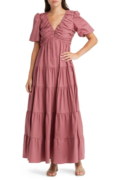 Charles Henry Ruched Tiered Dress In Dark Mauve