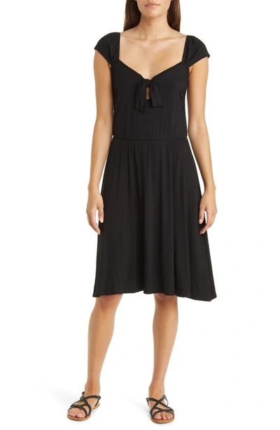 Loveappella Tie Front Cap Sleeve A-line Dress In Black