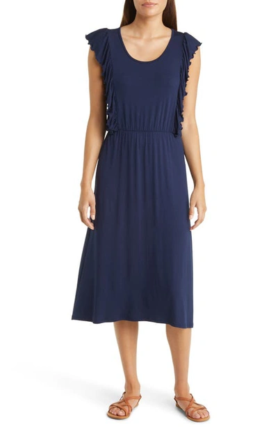 Loveappella Ruffle Cap Sleeve Jersey Dress In Navy