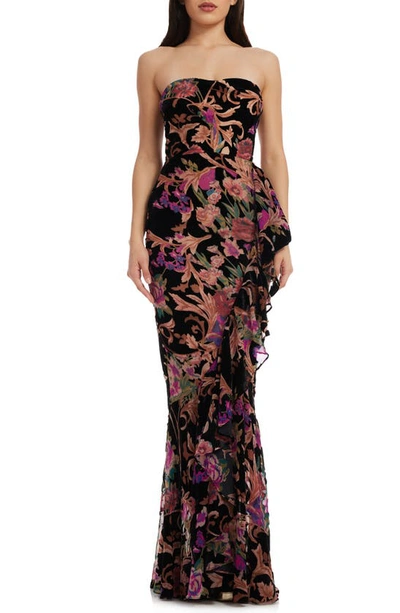 Dress The Population Paris Ruffle Strapless Gown In Black Multi