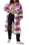 Free People Ruby Plaid Long Button-up Jacket In Wine Combo