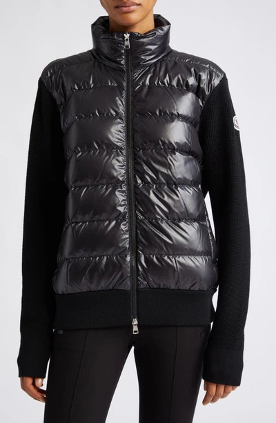 Moncler Quilted Mixed Media Down & Wool Cardigan In Black