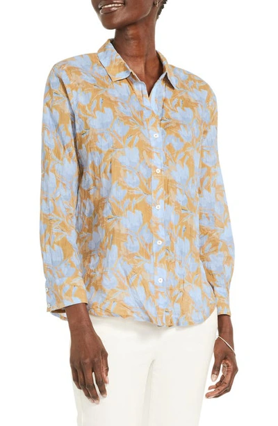 Nic + Zoe Midday Meadows Crinkle Cotton Button-up Shirt In Blue Multi