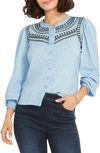 Nic + Zoe Embroidered Cotton Button-up Blouse In Blue
