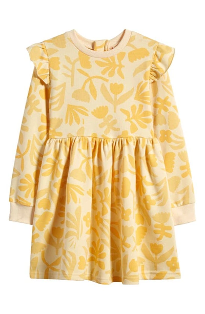 Tiny Tribe Kids' Floral Long Sleeve Ruffle Shoulder Cotton Dress In Butter