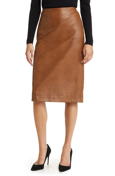 Anne Klein Croc Embossed Faux Leather Skirt In Brown
