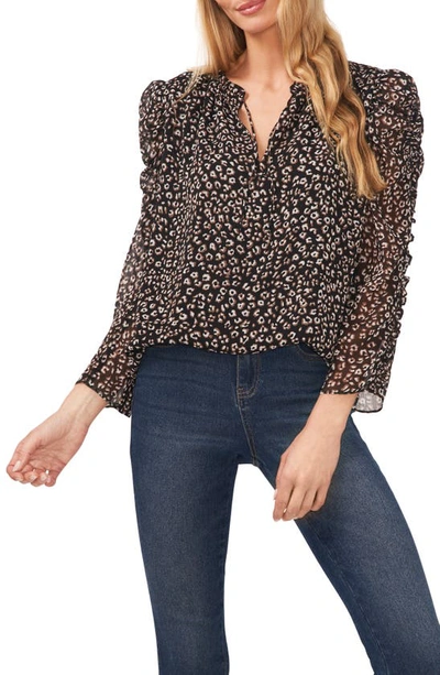 Cece Leopard Tie Neck Blouse In Rich Black