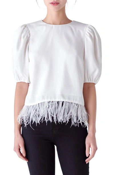 English Factory Feather Edge Puff Sleeve Top In White