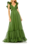 Mac Duggal Rosette Chiffon Cutout Empire Waist Gown In Thyme