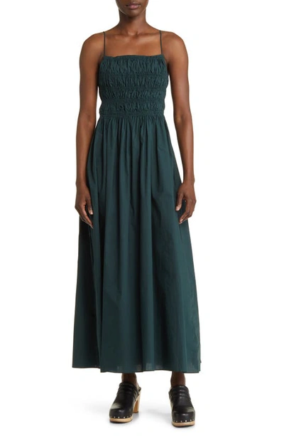 Moon River Smocked Tie Back Midi Dress In Dark Green