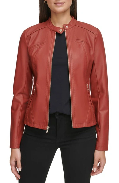 Guess Faux Leather Racer Jacket In Brick