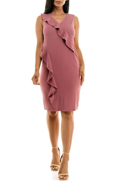 Nina Leonard Ruffle Trim Sheath Dress In Mauve Mist